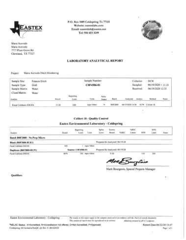 Terrenos Houston Contaminated Water Fecal Test Results