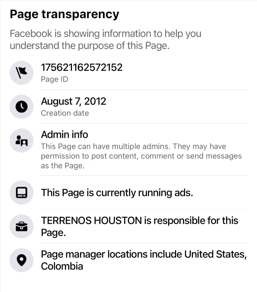 Facebook Page Transparency states that Terrenos Houston is managed in Colombia