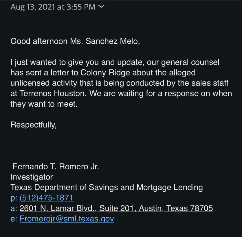 Fernando T Romero Jr from the Texas Department of Savings and Lending Addresses Unlicensed Activity on Behalf of Colony Ridge