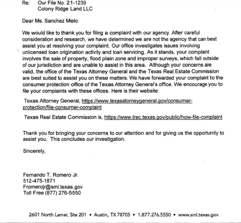 Fernando T Romero Jr from the Texas Department of Savings and Lending Drops Case and Does Not Address Unlicensed Activity on Behalf of Colony Ridge
